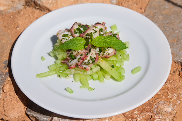 Marinierter Oktopus auf Gurken & Melonensalat