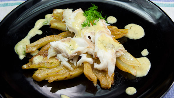 Wolfsbarsch auf Safran Fenchel mit Ouzo-Sahne